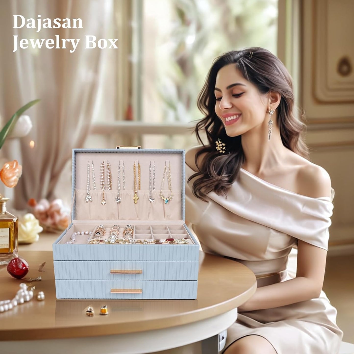 Dajasan Jewelry Organizer Box, Jewelry Storage Organizer with 2 Drawers, 3-Tier Large Jewelry Gift Box for Women, Girls, Friends, Wife or Mother, Gift Idea (Smoky Blue)