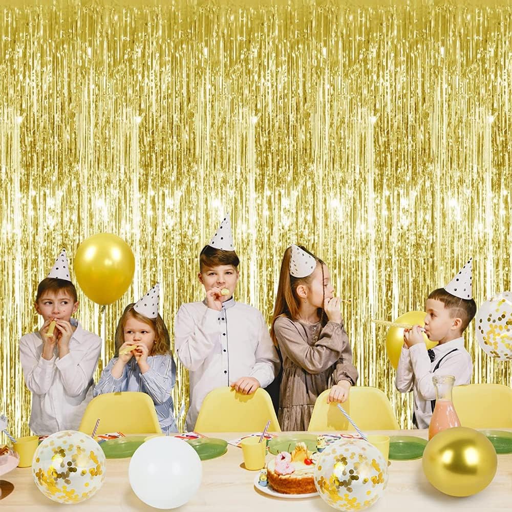 3Pcs Gold Metallic Tinsel Foil Fringe Curtains,3.28ft x 6.56ft Gold Photo Booth Backdrop Streamer Curtain,Photo Booth Props,Ideal Bachelorette Party Supplies, Birthday, Christmas,New Year Decorations