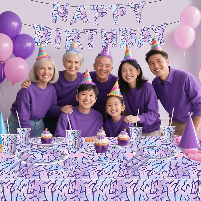104pcs Purple Demon Birthday Tableware, Hunters Party Character Supplies Set Include Banner,Plates Napkins Cups Knives Spoons Forks Straw Tablecloth Boys Girls Movie Theme Party