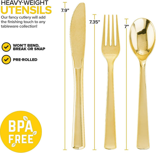 400PCS Pre Rolled Gold Plastic Silverware Sets - Heavy Duty Gold Cutlery - Include 100 Pack Wrapped Disposable Utensils with Napkins for Parties, Dinners & Weddings