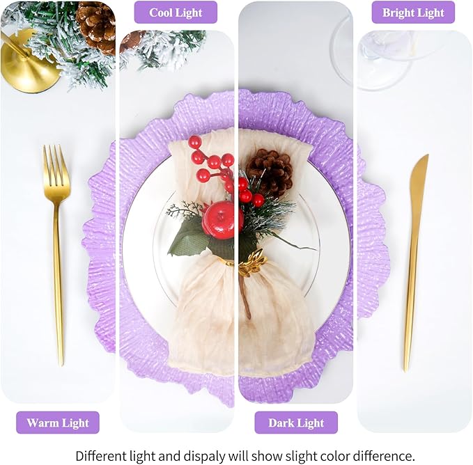 24 Pack Lavender Charger Plates Bulk, 13" Plastic Reef Chargers for Dinner Plates, Round Charger Plate with Floral Reef Design for Dinner Wedding Party Table Setting Decoration