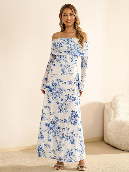 KUTUMAI Women Off Shoulder Bodycon Maxi Dress Long Sleeve Mesh Ruched Party Formal Wedding Guest Dresses
