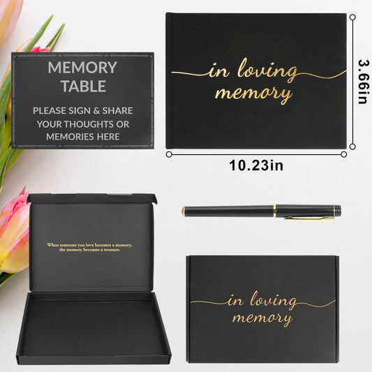 Funeral Guest Book for Memorial Service, in Loving Memory Guest Book with Table Sign, Pen and Box, Guest Sign in Book for Funeral Service, Elegant Black Memorial Books for Celebration of Life