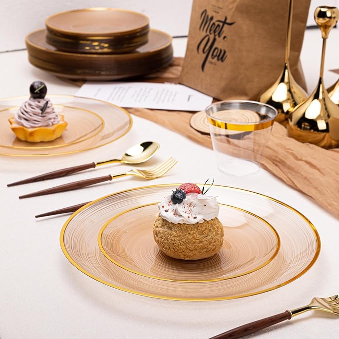 N9R 60 PCS Mocha Mousse Plastic Plates with Gold Rim, Elegant Disposable Plates, Circular Ribbed Design, 30 Dinner & 30 Dessert Plate for Parties, Weddings, Banquets and Events