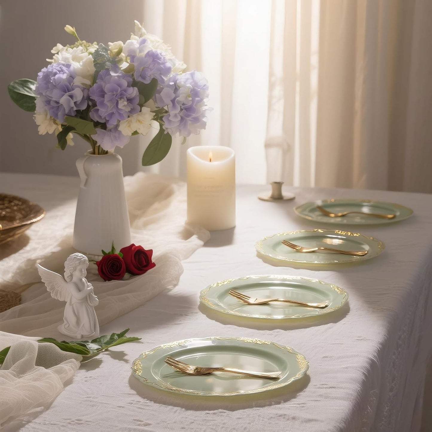 LIYH 100 Pcs Light Green Gold Plastic Dessert Plates with 100 Pcs Gold Dessert Plates, Disposable Sage Green Salad Plates, Includes: 100 Appetizer Plate 7.5" & 100 Golden Cake Forks 5"