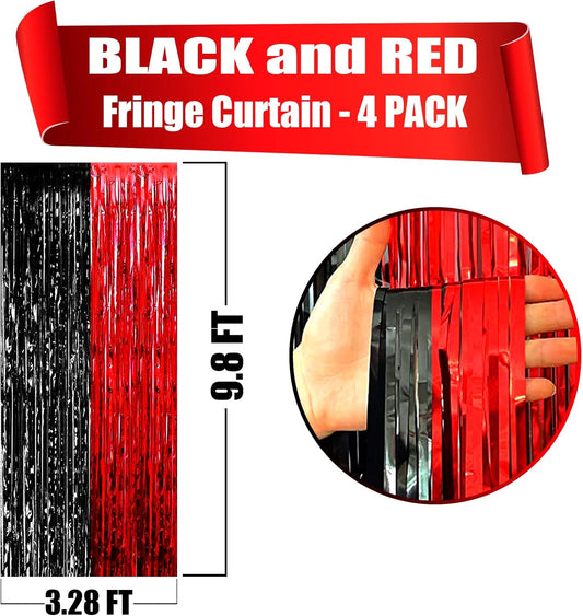 4 Pack Black Red Foil Fringe Curtain Backdrop, 3.28Ft x 9.8Ft Metallic Tinsel Foil Fringe Streamers Curtains for Photo Booth, Wedding, Casino Viva Las Vegas Game Night Birthday Party Decoration