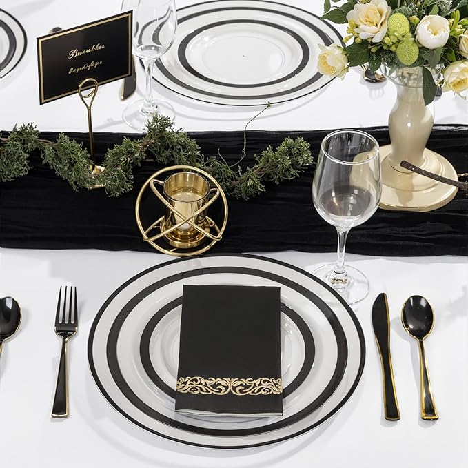 WDF 25 Pack Black Charger Plates - Clear Charges with Black Trim - 12inch Disposable Chargers Plates for Graduation Wedding Party Birthday Dinner