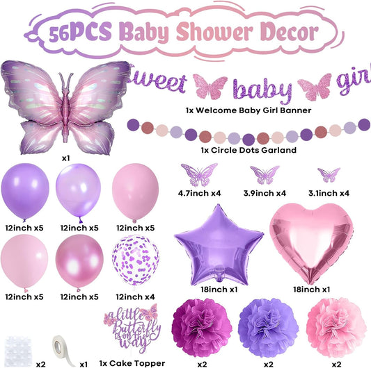 Butterfly Baby Shower Decorations for Girl, Sweet Baby Girl Banner with Pearl Pastel Purple Light Pink Latex Foil Balloons Cake Topper Pom Poms for A Little Butterfly Is On The Way Decoration Supplies
