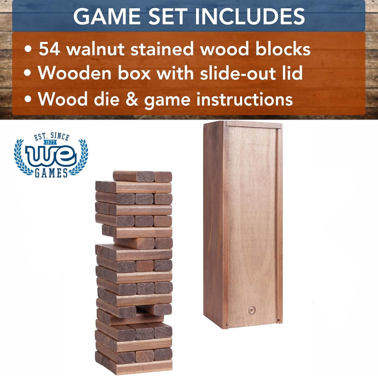 WE Games Wooden Block Stacking Party Game for Adults, Tumble Tower Wedding Guest Book Alternative, Tabletop Games, Includes Storage Case, 12 inches