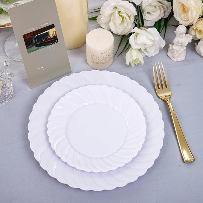U-QE 100 Pieces White Plastic Plates - Premium White Disposable Plates for Wedding and Party Use Including 50PCS 9 '' Dinner Plate & 50PCS 6.5 '' Dessert Plate