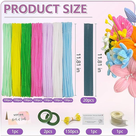 720 Pieces Pipe Cleaners Flower Set, 700 Flower Corlor Chenille Stems Whith 20 Pcs Stems, Craft Supplies Bulk for DIY Art and Craft Projects Creative Gift Wrapping Party Decorations(7 Colors)