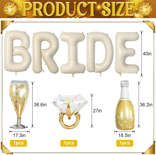 40inch Bride Balloons Beige Letters Banner, Sand White Bachelorette Party Decorations Set with Diamond Ring Champagne Bottle Balloon Glass Foil Balloon for Nude White Bachelorette Engagement Wedding