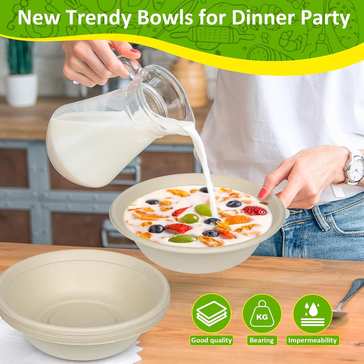 Paper Bowls, 100% Compostable Disposable Soup/Salad Bowls 32 Oz 100 Pack, PFAS-Free BPI Certified Eco-Friendly Hot/Cold Food Bowls, Natural Brown