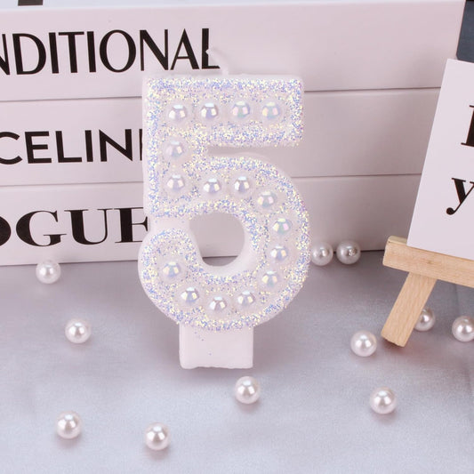 Birthday Candles, Number 5 Birthday Candle for Cake, Birthday Candles Sparklers with Holographic Colored Pearls, 3.35" Large Pearl Candles for Five Sweet Birthday Party Decoration Supplies