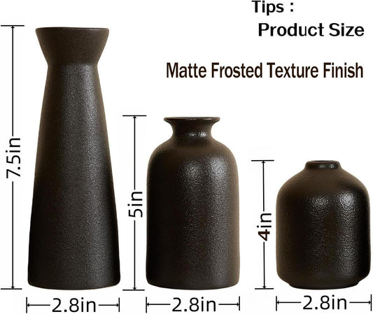 Black Ceramic Vase Set of 3,Small Boho Vase for for Decor,Matte Frosted Texture Finish,Modern Rustic Farmhouse Home Decor,Decorative vase for Pampas Grass&Dried Flowers,Shelf,Table,Mantel,Entryway
