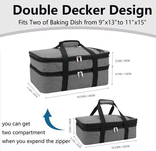 Insulated Casserole Carrier Bag - Double Decker Portable Lunch Transport Tote Bag Fits 9"x13" Lasagna Baking Dish to Keep Food Hot/Cold for Gathering/Potluck Parties/Cookouts/Picnics -Gray