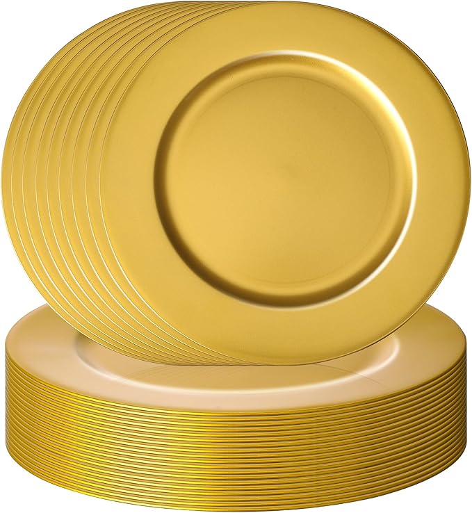 36 Pcs Golden Charger Plates Bulk,13 Inch Plastic Gold Plates Dinner Round Tray Charger Tableware Dish for Table Setting Wedding Holidays Party Decor