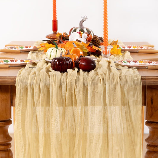 Champagne Gold Cheesecloth Table Runner 6 Pack Fall Table Runners Boho Gauze 120 Inches Champagne Cheese Cloth Fall Table Decorations for Thanksgiving Wedding Bridal Baby Shower Parties