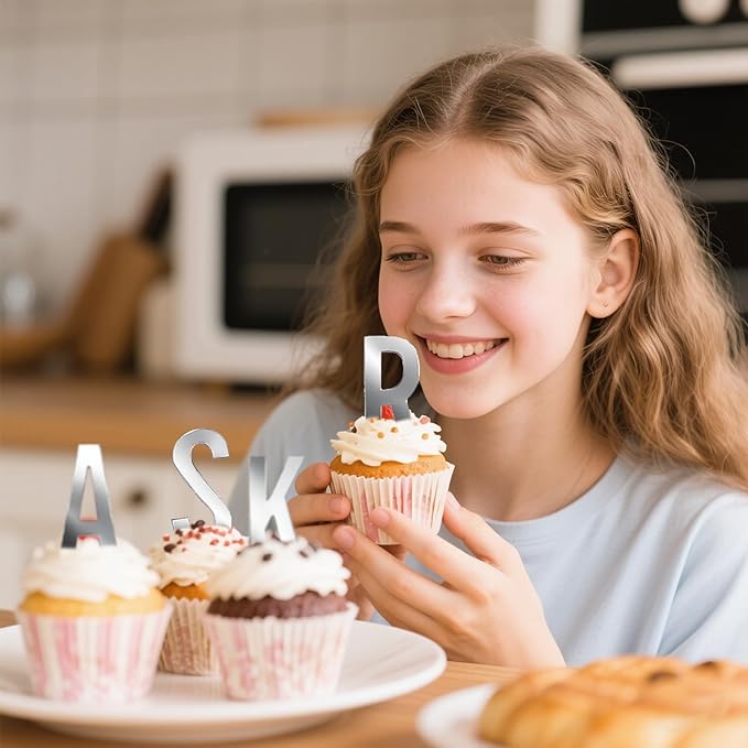 Silver Mirror Acrylic Alphabet Cake Toppers(A-Z Set) - Elegant Personalized Letter Decorations for Weddings, Birthdays & Special Occasions - Reusable