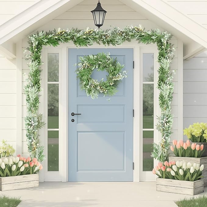 Giegxin 1 Pack Wedding Faux Eucalyptus and Olive Greenery Garland, 5.9 ft Artificial Vines Hanging Eucalyptus Leaves Mixed Berry Wreaths for Wedding Arch Wall Doorways Table Runner Decoration