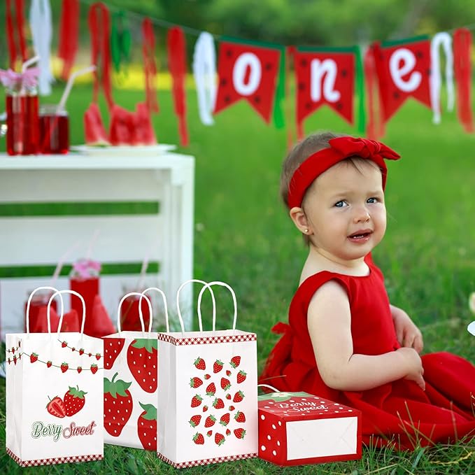 Outus 24 Pcs Strawberry Party Favor Bags Summer Strawberry Gift Goodie Paper Bags with Handles Red Berry Sweet Candy Treat Pouch for Berry First Birthday Party Decorations Supplies