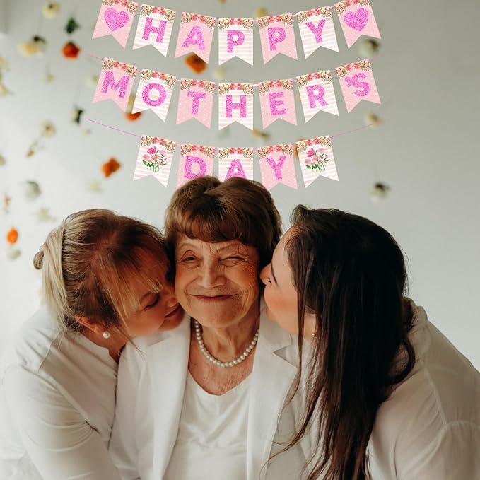 Happy Mother's Day Banner Set Decoration for Mother's Day Party Decorations Backdrop Garland for Mom Glitter Garland Photo Props (Pink Flower Heart)