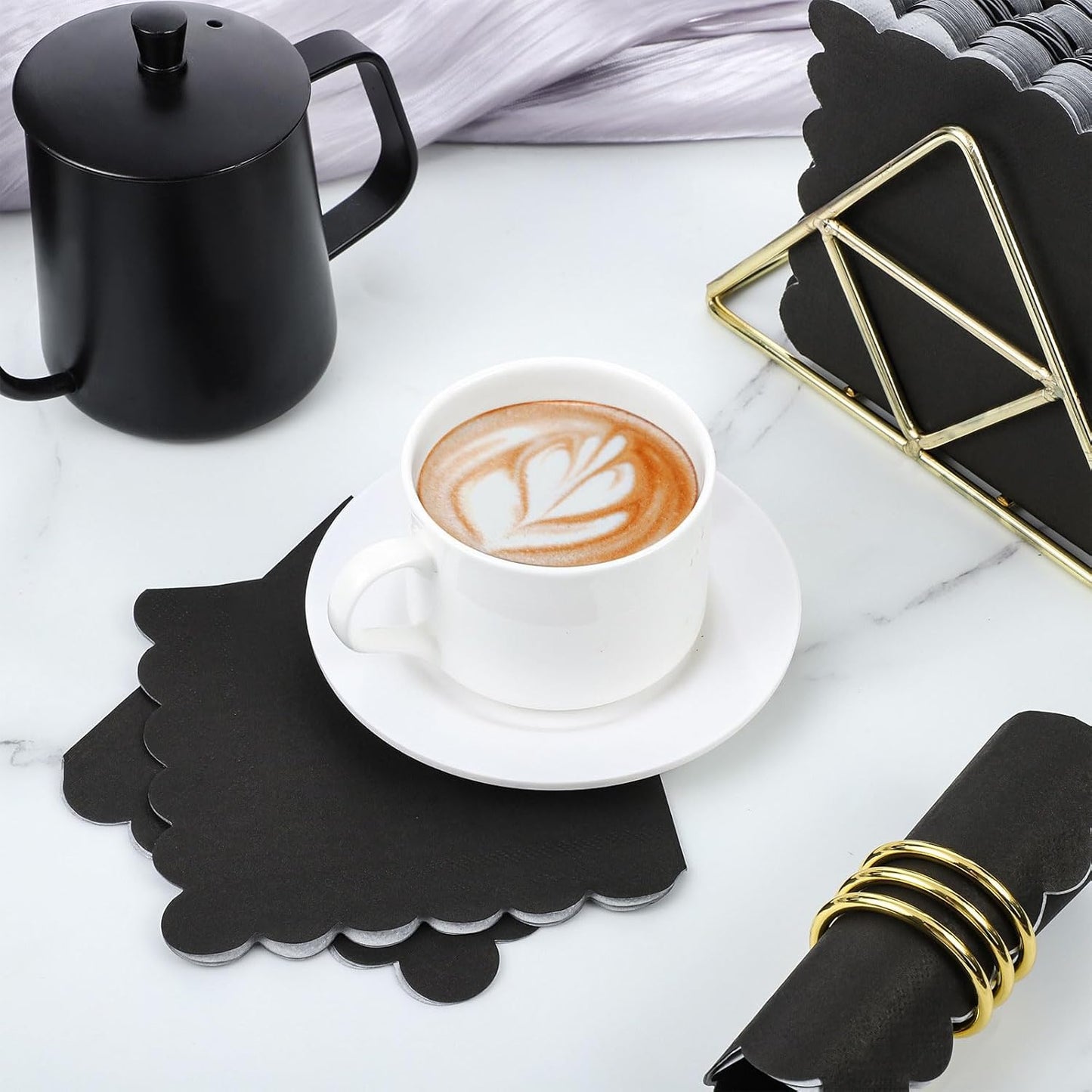 120 Pcs Cocktail Napkins Black Napkins Disposable Scalloped Bar Napkin Beverage Dessert Napkin for Birthday, Coffee, Bar, Kitchen, 5 x 5 Inch