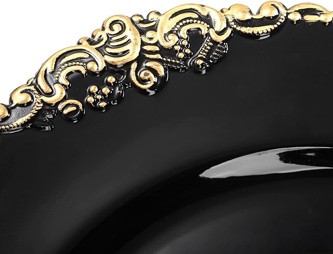 Okllen 12 Pack Plastic Round Charger Plates, 13" Dinner Charger Dessert Plates with Gold Rim, Vintage Charger Serving Plates for Catering, Wedding, Tabletop Decor, Black, Floral Trim