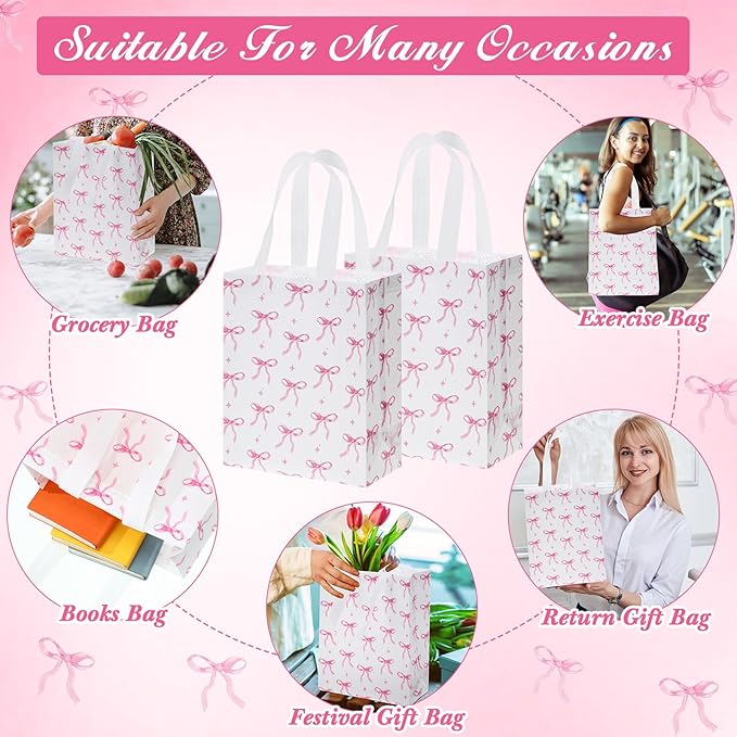 Supervitae 24 Pack Coquette Pink Bow Gift Bags Medium Bow Themed Party Favor Bags Reusable Non Woven Goodie Totes for Birthday Bachelorette Baby Shower Thanksgiving(9.8" x 7.9" x 3.9")