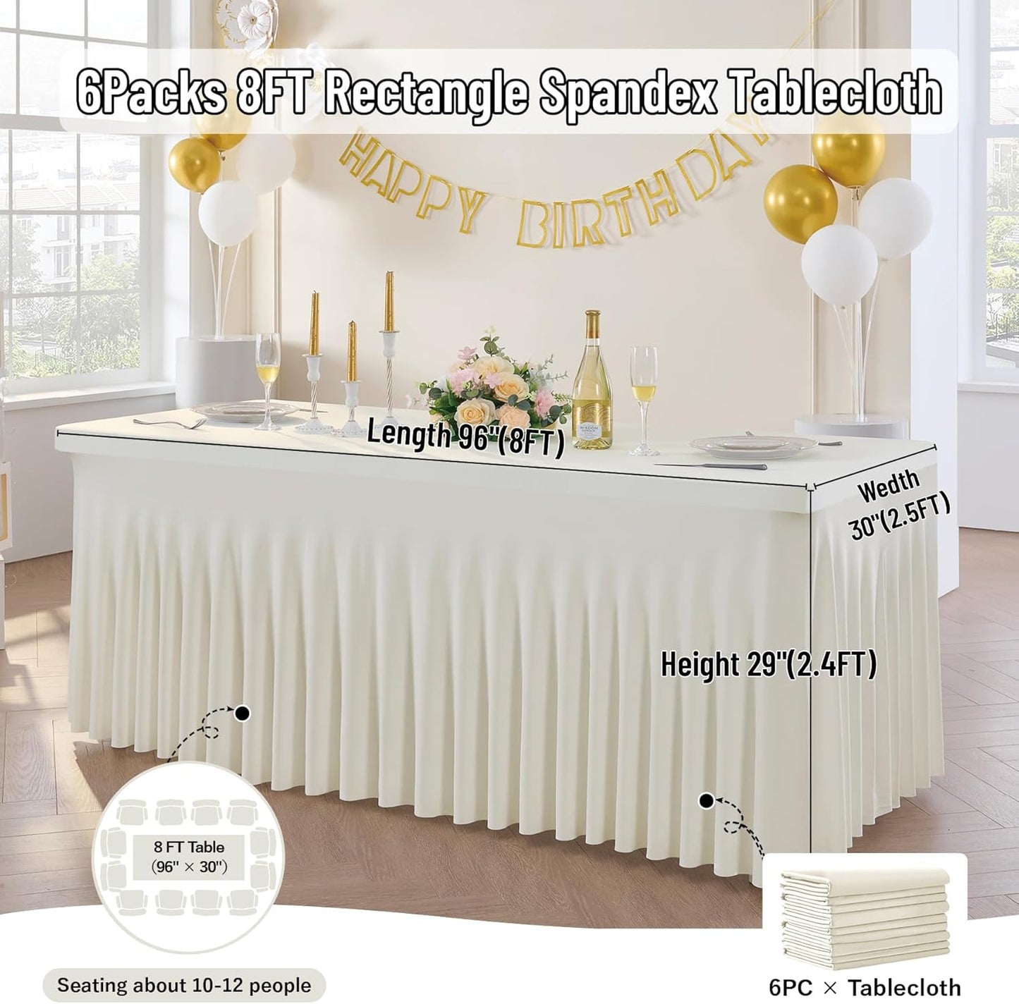 Outpain 8ft Spandex Table Cloth for Standard Folding Tables-6Pack Ivory Table Cloth Table Protector for Party, Wedding, Cocktail, Banquet, Festival