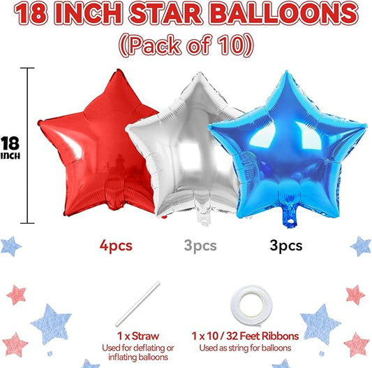 Red Blue Silver Star Foil Balloons, 10PCS Foil Stars Shape Balloon, 18 Inch Red and Black Stars Balloons for Helium Pentagram Balloon for Kids Boys Birthday, Anniversary, 4th of July Party Decoration