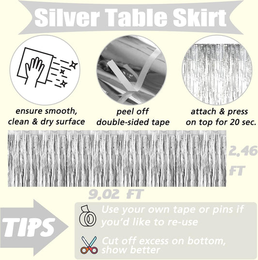 6 Pack 29x108 Inch 2024 New Year Metallic Foil Fringe Table Skirts Banner for Tinsel Streamer Garland Curtains Backdrop for Parade Floats Wedding Baby Shower Birthday Party Decoration Silver