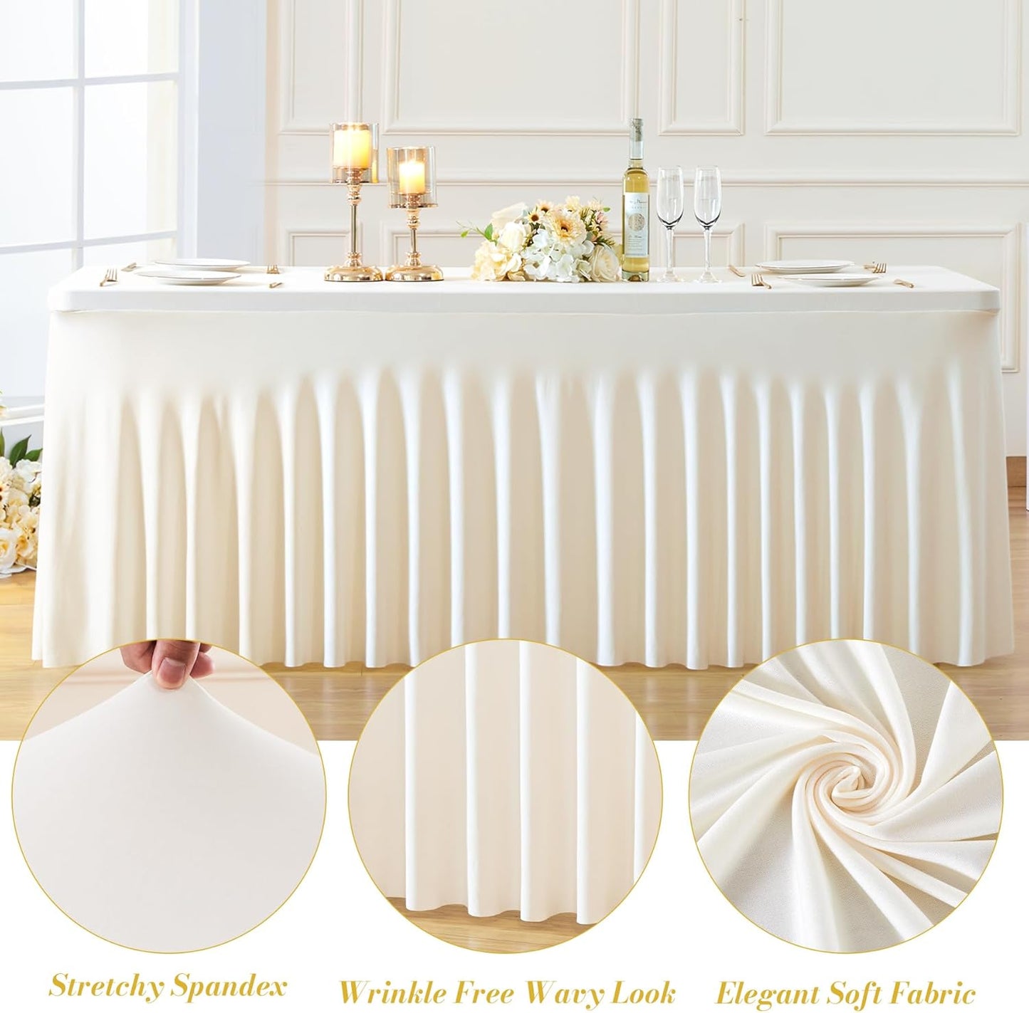 Besutolife 4 Pack Ivory Spandex Tablecloth for 6ft Rectangle Tables Fitted Table Cloth Stretch Table Covers Skirt 6ft Rectangular Tablecloths for Banquet Parties Wedding Decorations