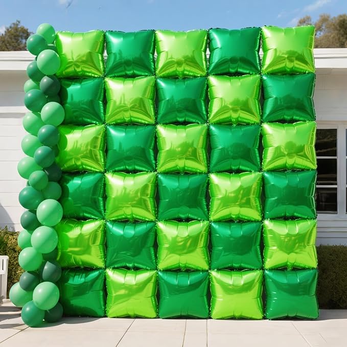 NISOCY 25PCS Dark green and Light Green Square Foil Balloons Wall Backdrop Double Sided Green Balloons Arch Kit for Birthday Baby Shower St. Patrick's Day Spring Summer Jungle Theme Party Decorations