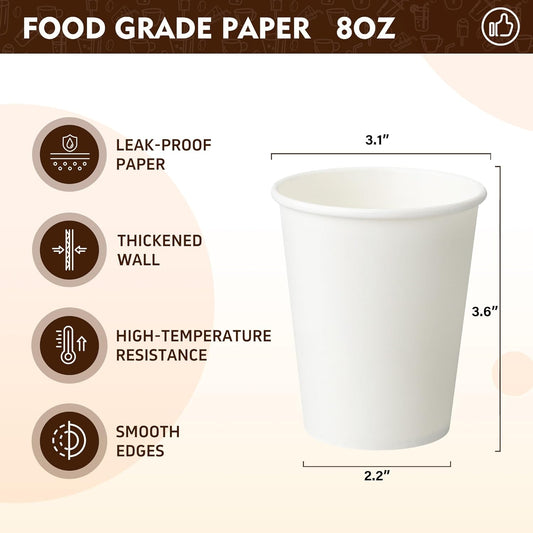 YEEHAW 8 oz 500 Pack Paper Cups, Disposable Coffee Cups, White Hot Cups, Suitable for Hot Drinkings, Perfect for Office, Home and Party Events