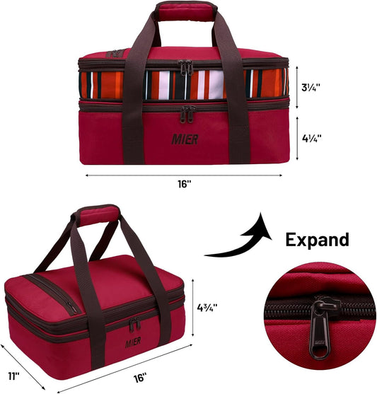 MIER Insulated Double Casserole Carrier Thermal Lunch Tote for Potluck Parties, Picnic, Beach, Fits 9 x 13 Inches Casserole Dish, Expandable by Mid Zipper, Burgundy