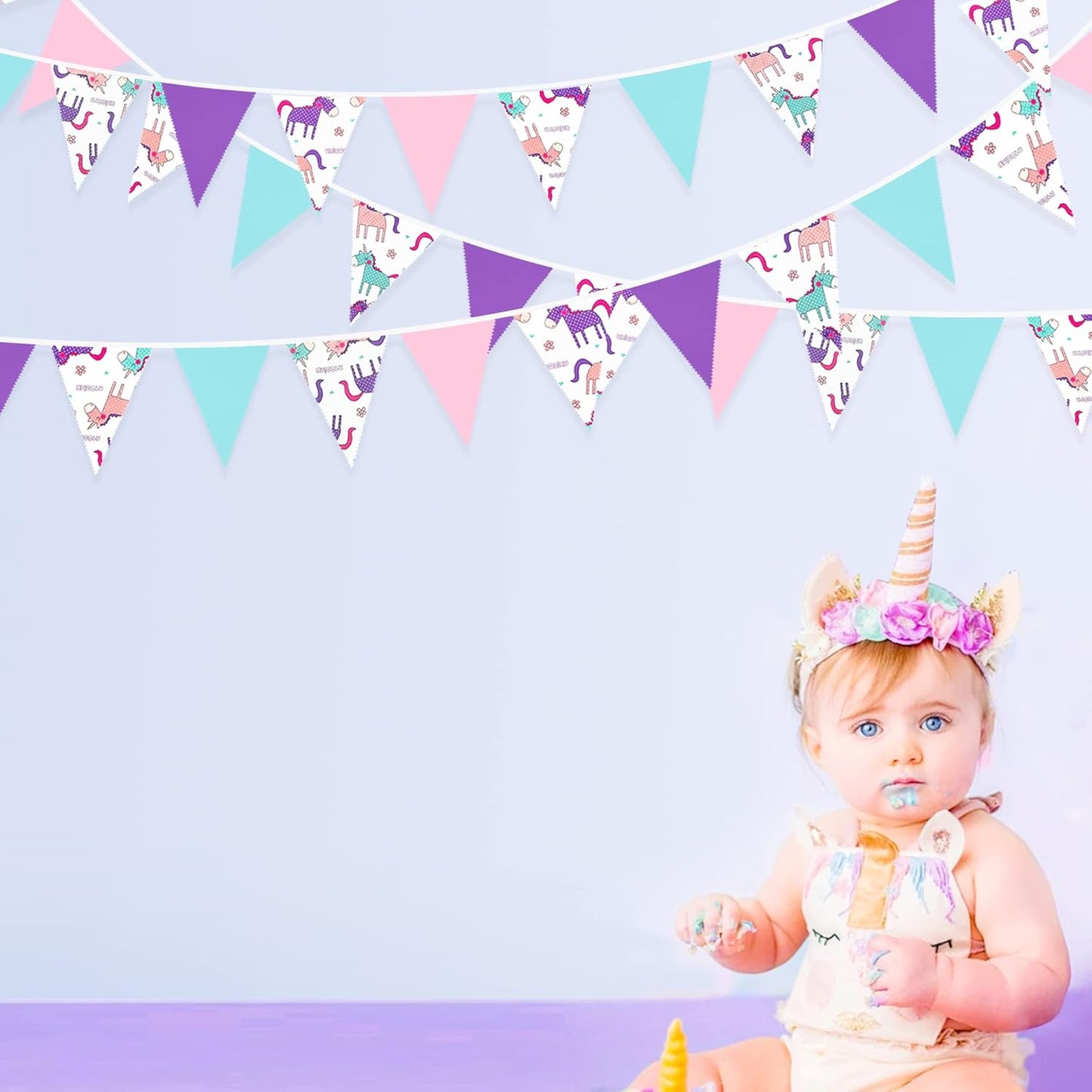 32Ft Pink Purple Blue Pennant Banner Fabric Triangle Flag Bunting Garland for Rainbow Theme Summer Decor Magical Birthday Wedding Party Home Outdoor Garden Hanging Decorations