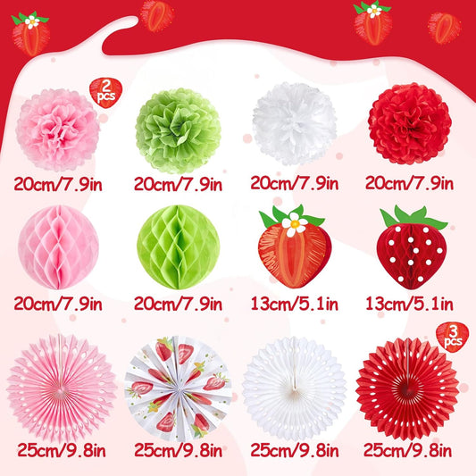 Strawberry Paper Fans, Strawberry Party Decorations, Berry First Birthday Decor, Pink Red White Green Tissue Paper Pom Poms Honeycomb for Birthday Girl Baby Shower Room Classroom