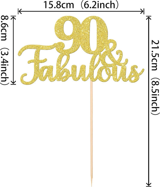 1 PCS 90 & Fabulous Cake Topper Gold Glitter 90th Birthday Anniversary Cake Pick Decoration for 90th Birthday Wedding Anniversary Party Decorations Happy 90th Birthday Cake Decorations Supplies