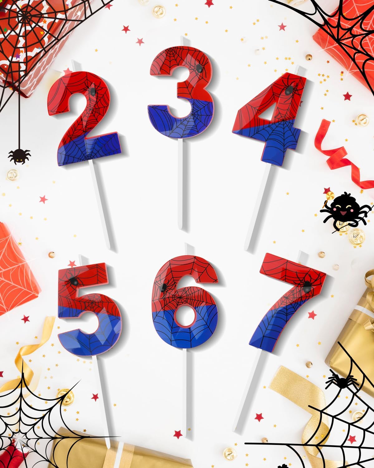 Number 6 Spider Themed Birthday Candle, 2.68 Inch Red Blue Spider Birthday Candles, Number Candles Birthday Cake Toppers Web Candles for Boy Girl Spider Party Decoration Supplies Halloween Party