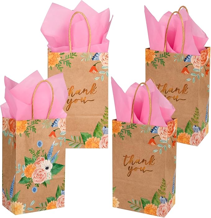DjinnGlory 25 Pack Small Brown Kraft Floral Paper Gift Bags with Handles and Pink Tissue Paper for Party Goodies, Mother's Day, Thank You Vintage Flowers (9x5.5x3.15 Inch)