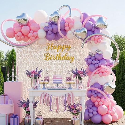 Pink and Purple Balloon Arch Kit - Purple and Pink Balloons Garland with Silver Heart Foil for Girls Birthday Party, Baby Shower, Wedding, Bridal Shower, and Princess Theme Decorations