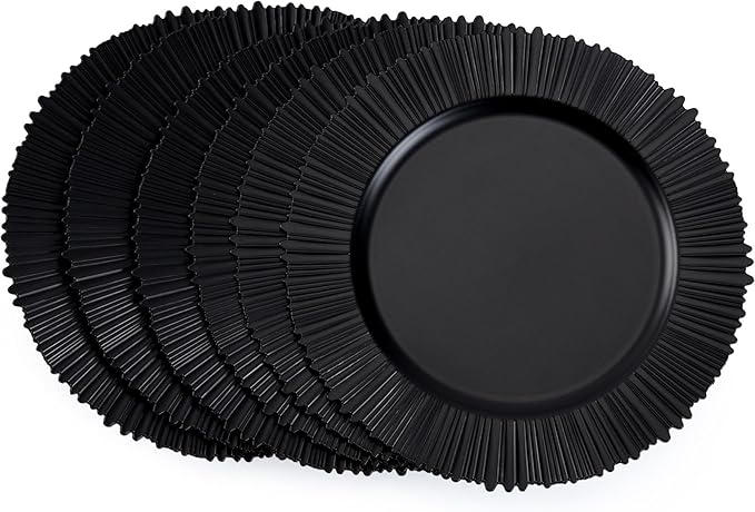 13" Line Black Charger Plates, Classic Chargers for Dinner Plates, Reusable Plastic Table Setting Bulk Event, Party, Wedding, Festival, Baby Shower