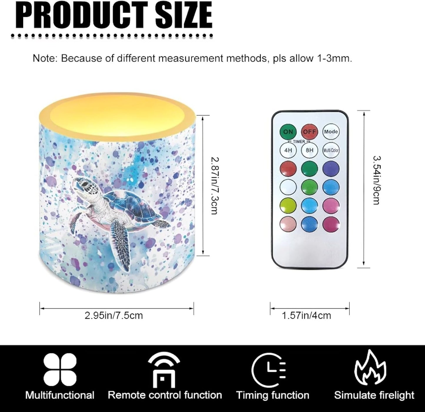 Poceacles Battery Operated LED Candles Set of 4 Remote and Timer Flameless Votive Candles, Multi-Color Flickering Tea Light for Home Parties Holidays Decor, Watercolor Sea Turtle Violet Blue