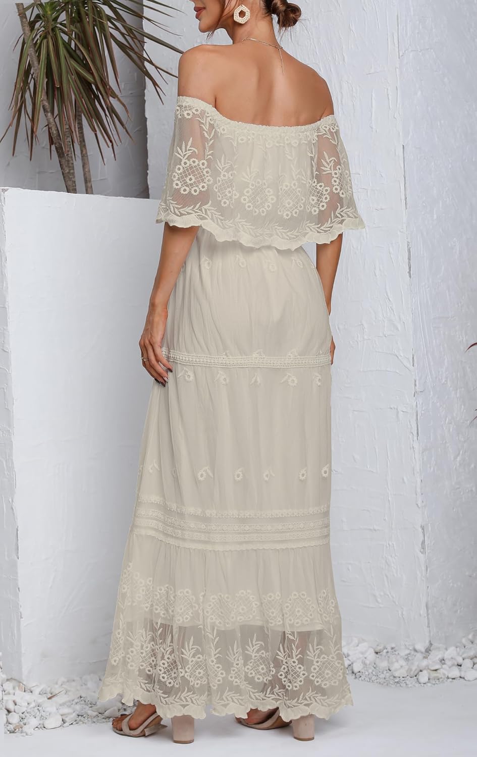 HOYISHION Women's Off The Shoulder Floral Lace Maxi Dress White Bridesmaid Wedding Party Maternity Photoshoot Long Dresses