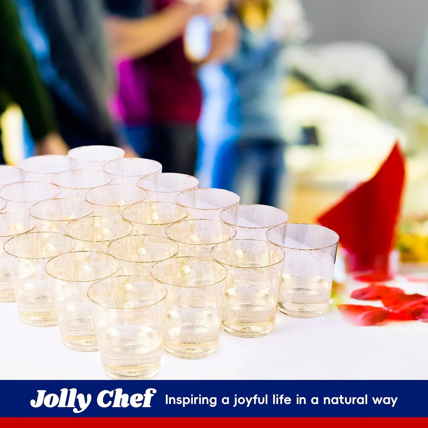 JOLLY CHEF 100 Pack 14 oz Gold Disposable Gold Glitter Plastic Cups Party Cups,Ideal for Halloween,Thanksgiving,Christmas
