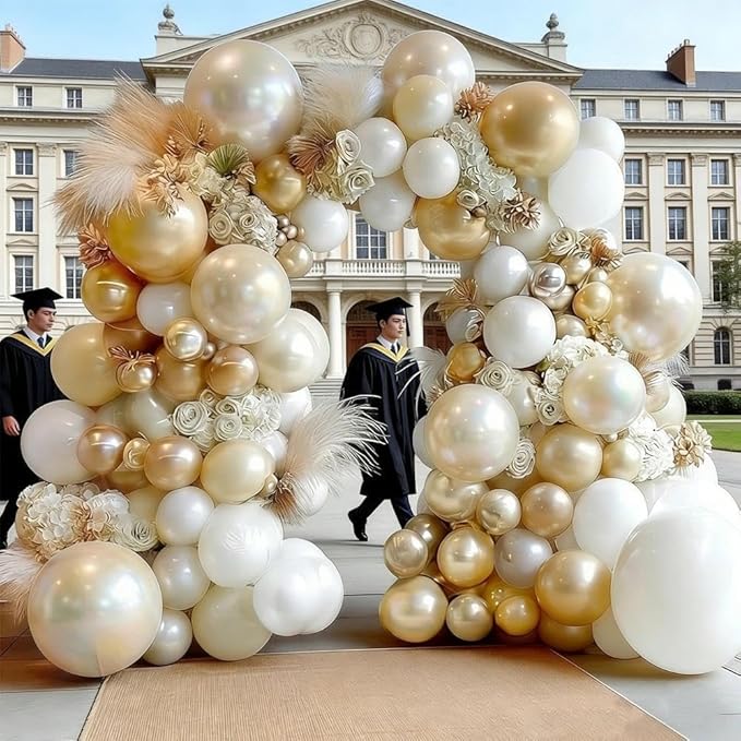 White Gold Balloon Arch Double Stuffed Pearl White Sand Cream Gold Chrome Balloon Garland Kit for Baptism Birthday Baby Shower Wedding Graduation Party Decorations