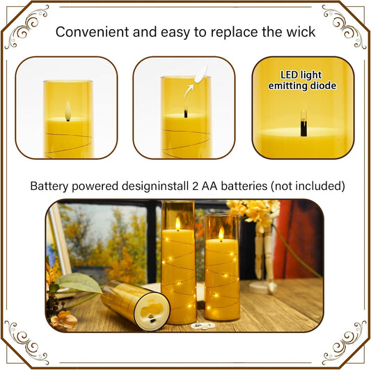 Flickering Flameless LED Candles,Battery Operated Candles 9 Pcs with Embedded Star String,Acrylic LED Pillar Candles with Remote,Suitable for Home Decoration to Create an Atmosphere(Gold)