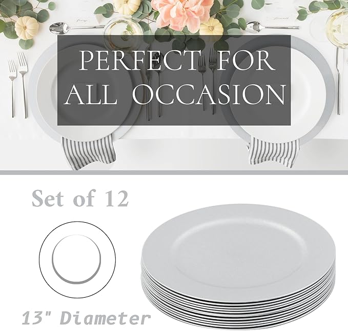 MAONAME Silver Charger Plates Set of 12, 13" Round Plate Chargers for Dinner Plate, Plastic Table Chargers for Wedding Decor, Party