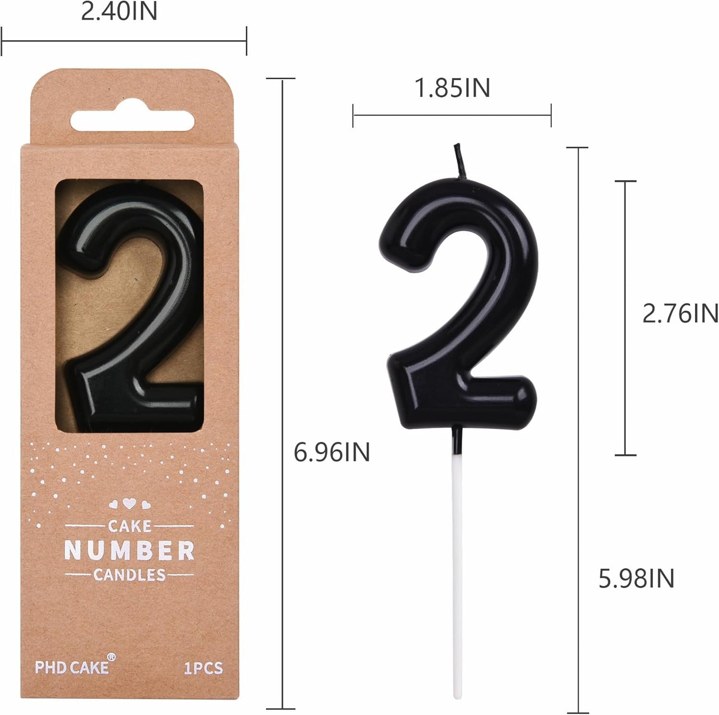 PHD CAKE 2.76 inch Classical Black 2 Number Birthday Candles, Black Number Candles, Cake Number Candles, Party Celebration